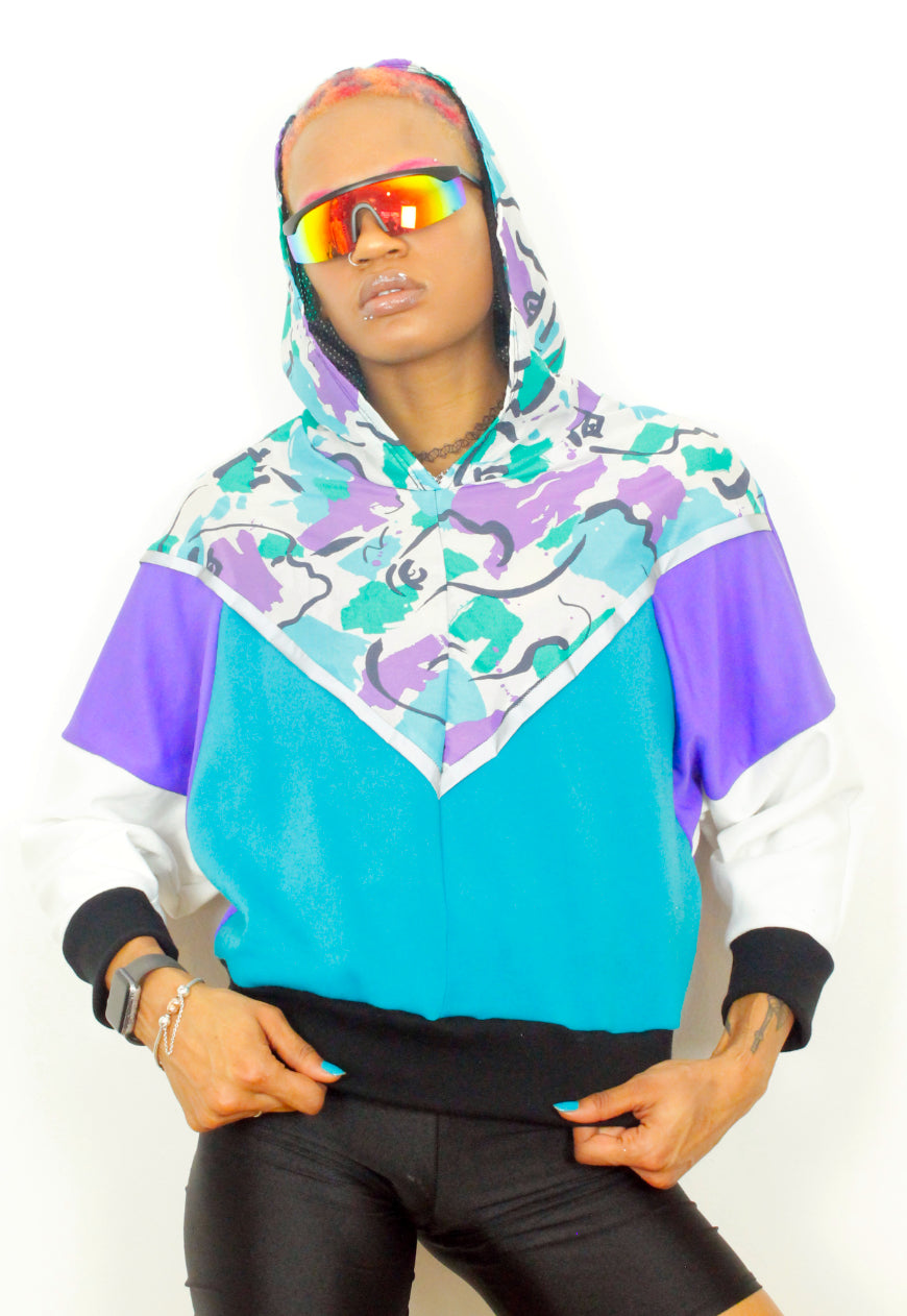 Picasso in the hood - Retro Picasso print colour block hooded top in purple and turquoise