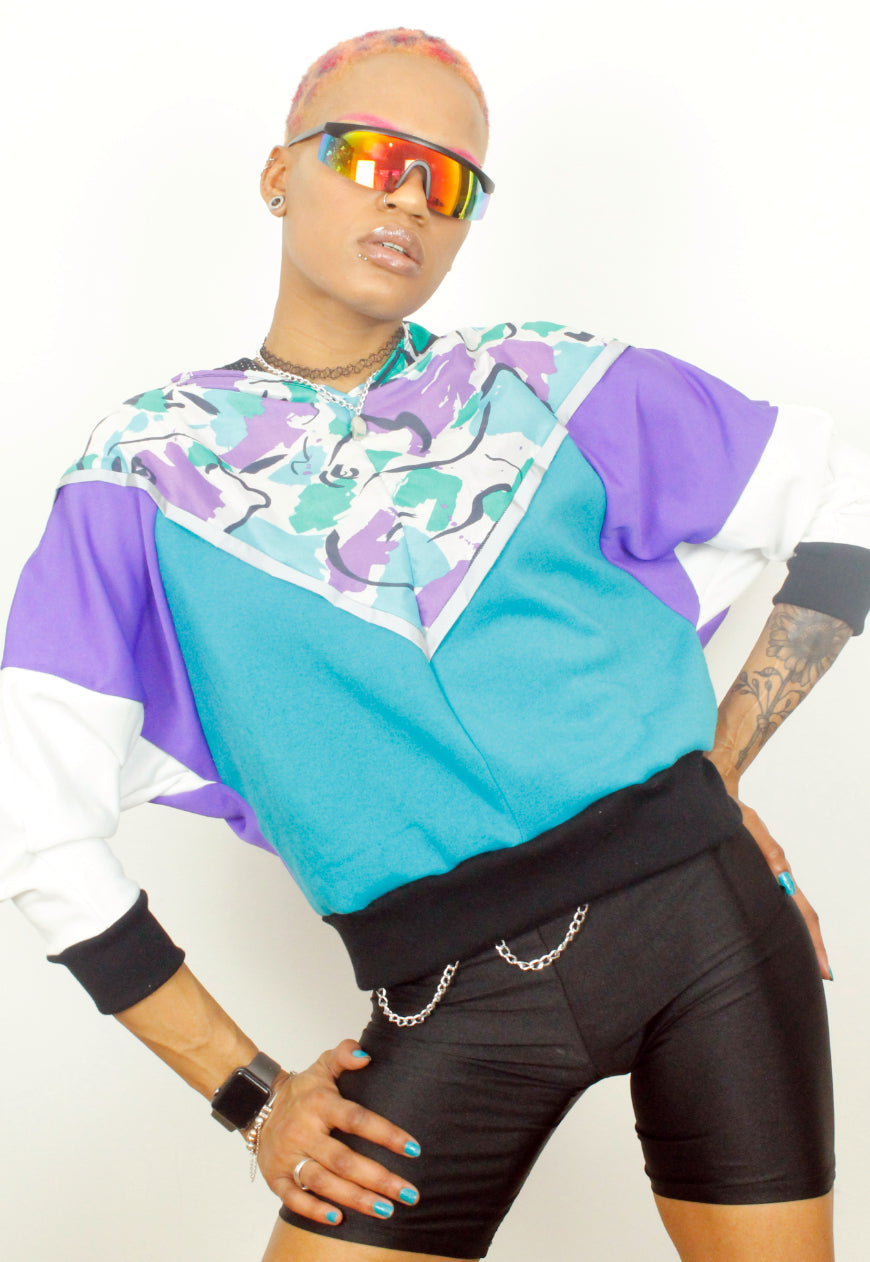 Picasso in the hood - Retro Picasso print colour block hooded top in purple and turquoise