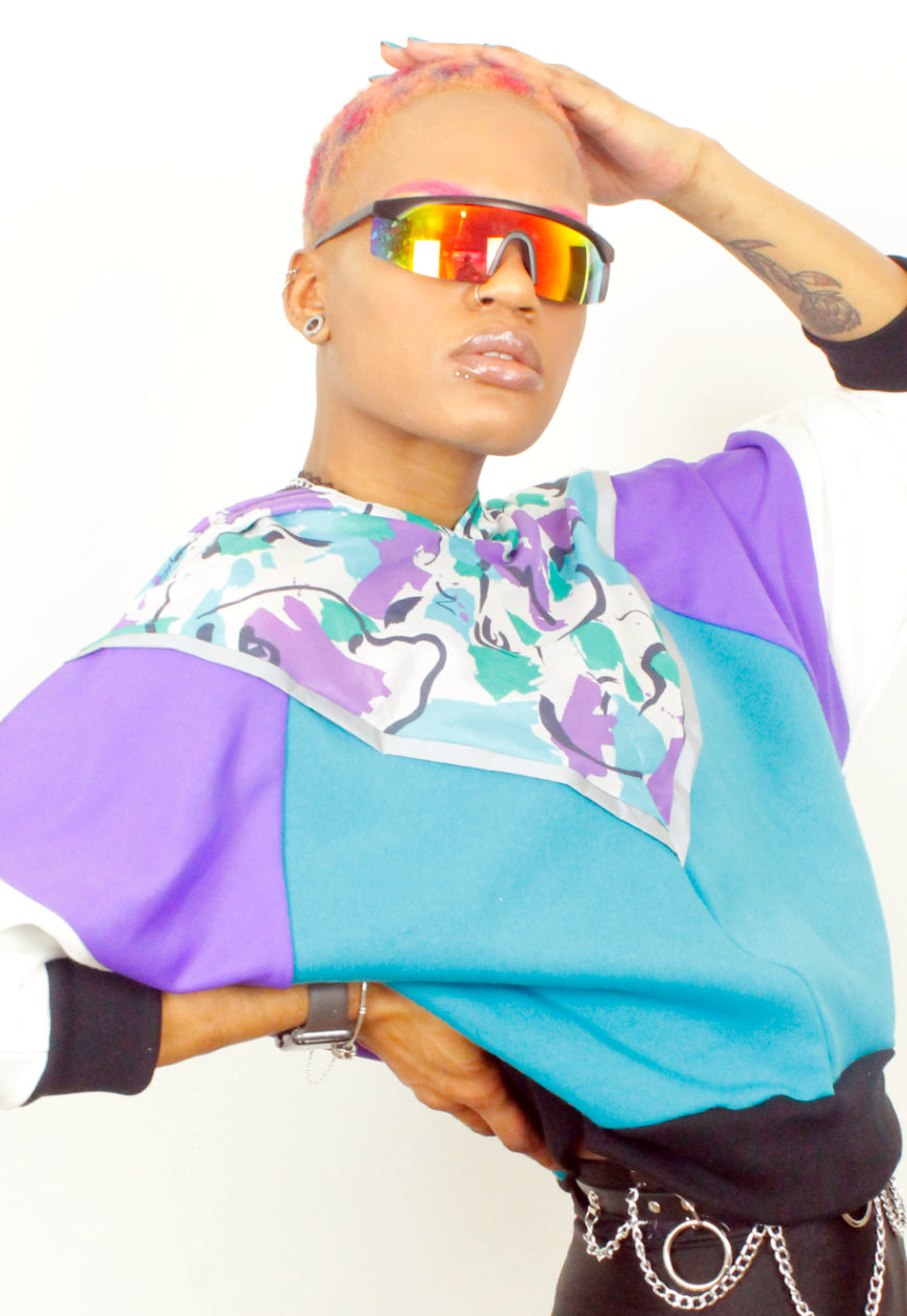 Picasso in the hood - Retro Picasso print colour block hooded top in purple and turquoise