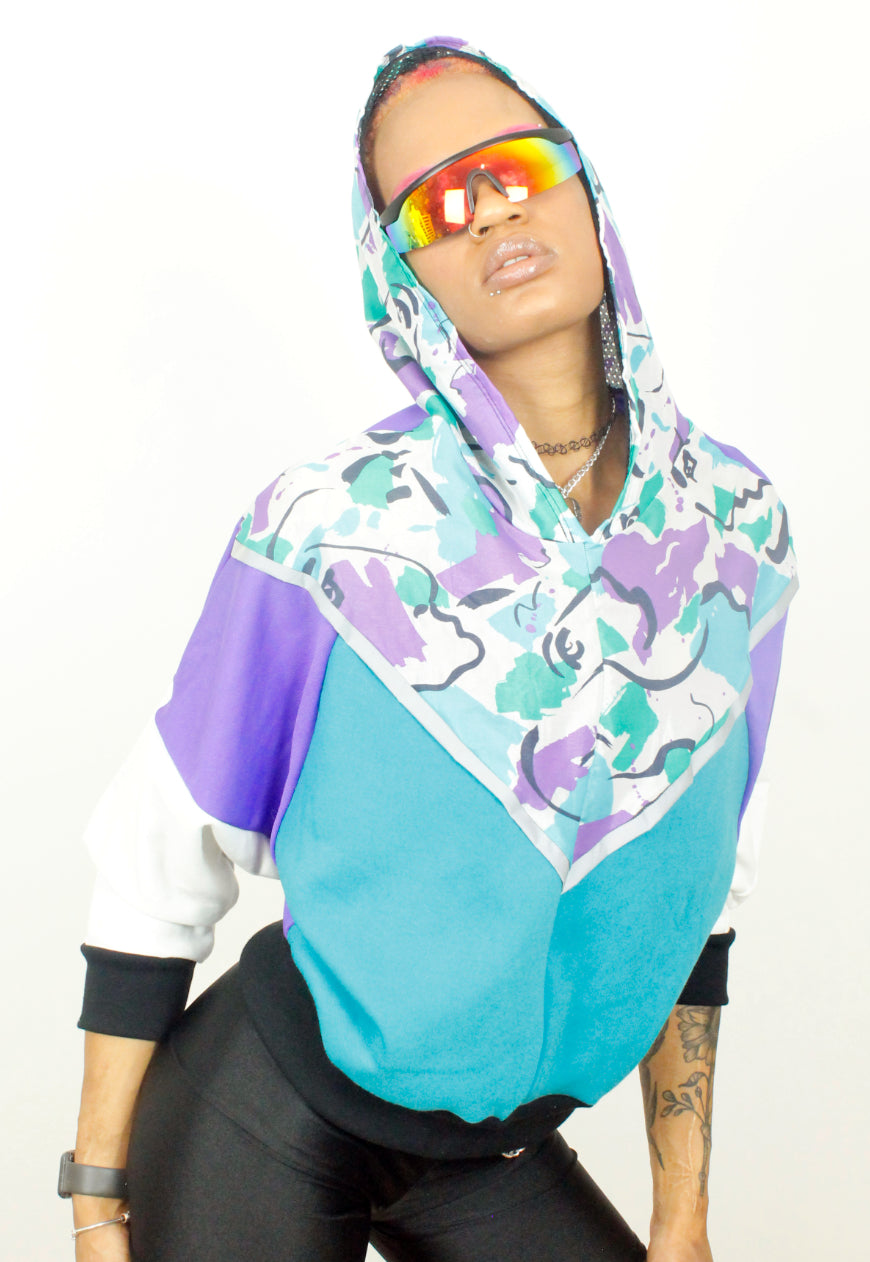 Picasso in the hood - Retro Picasso print colour block hooded top in purple and turquoise