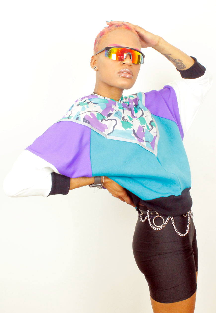 Picasso in the hood - Retro Picasso print colour block hooded top in purple and turquoise