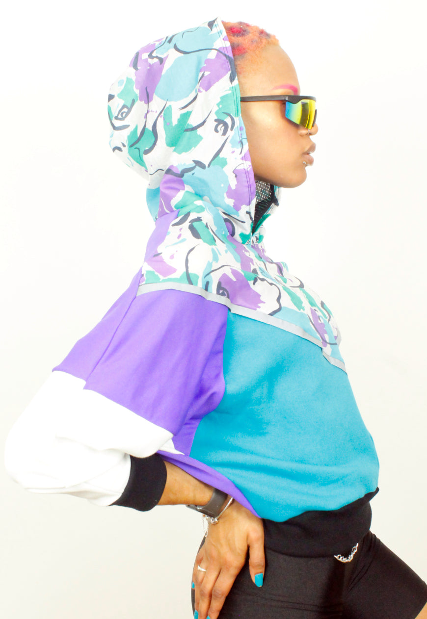 Picasso in the hood - Retro Picasso print colour block hooded top in purple and turquoise