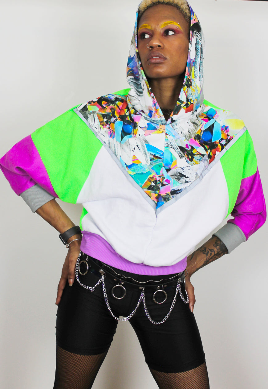 Prism - Crystal and diamond print colour block batwing hooded top