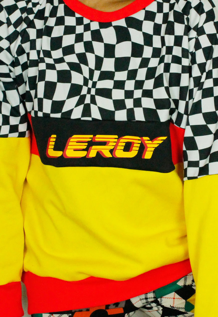 QUIRKY Logo panel yellow, red and checkerboard oversized sweater