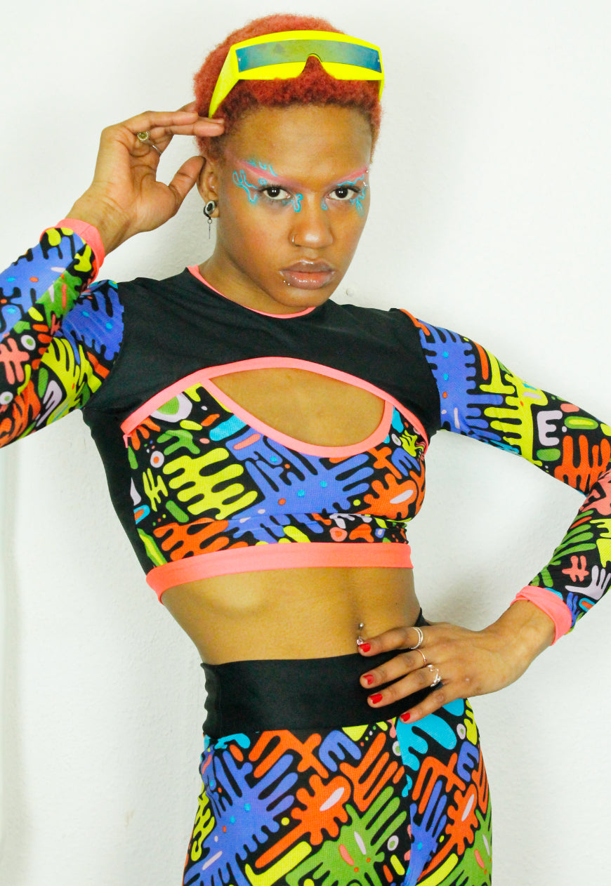 RENEGADE Blue abstract 90’s print peekaboo crop top