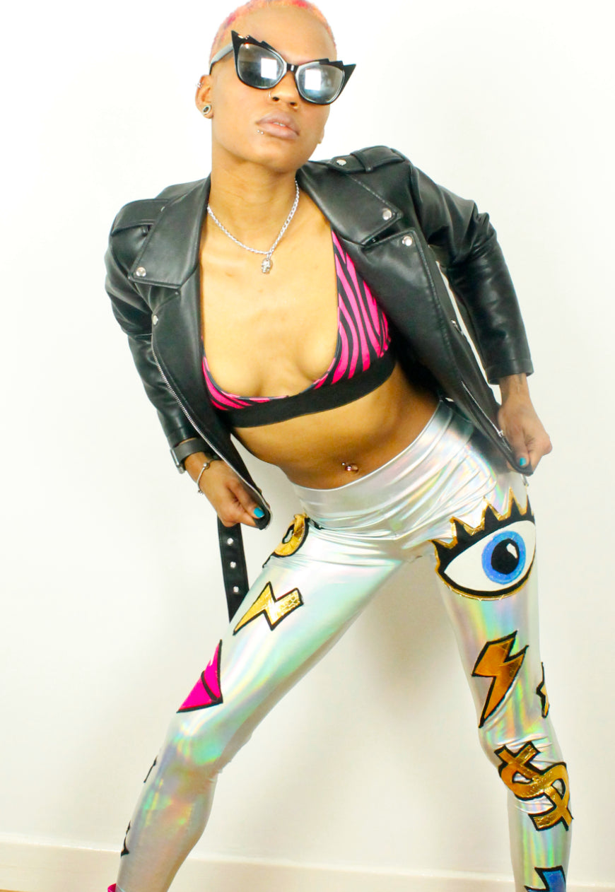 Rockstar - Metallic silver high waisted leggings with multicolour lips and eyes