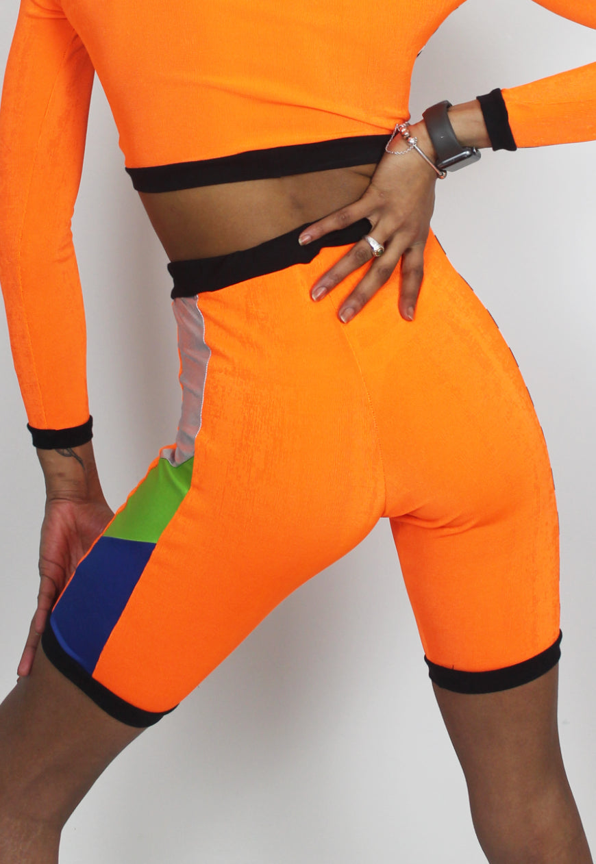 Rush Hour - Orange and checker board panel cycling shorts