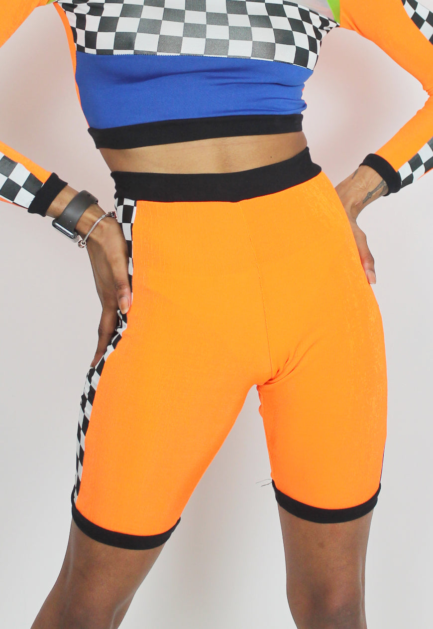 Rush Hour - Orange and checker board panel cycling shorts