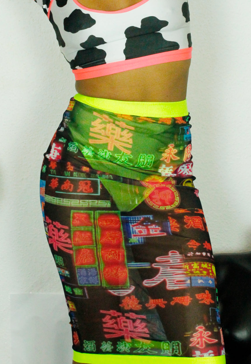 SHANGHAI Chinese print high waisted mesh midi skirt with neon knicker