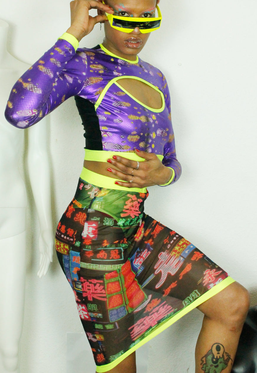 SHANGHAI Chinese print high waisted mesh midi skirt with neon knicker