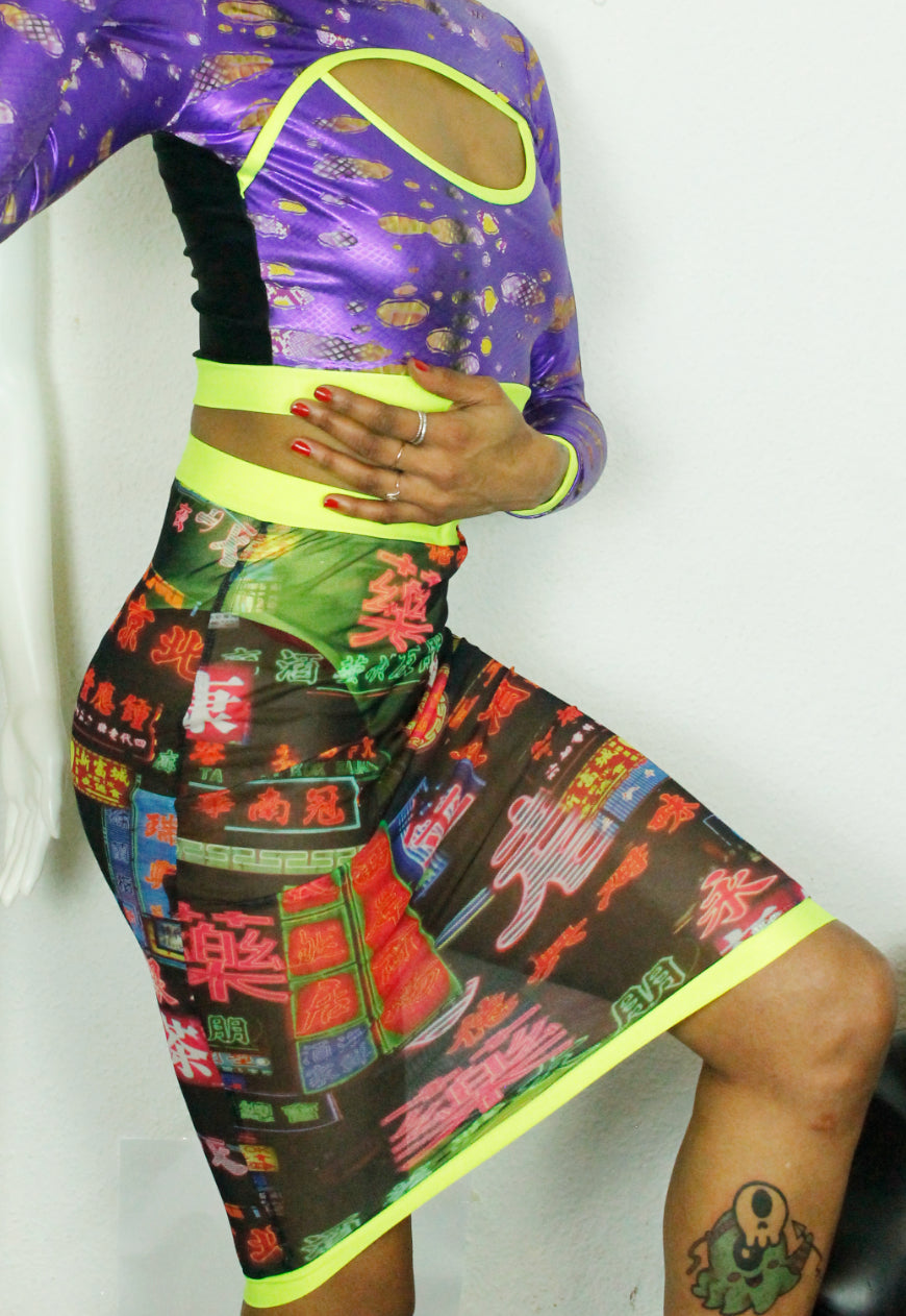 SHANGHAI Chinese print high waisted mesh midi skirt with neon knicker