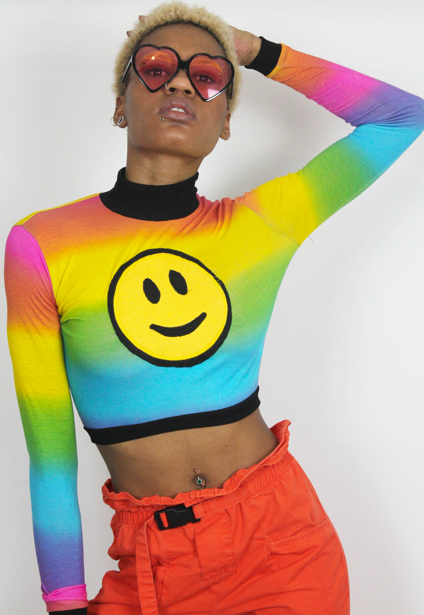 Smiley Happy People - Long sleeved rainbow crop top with smiley face applique