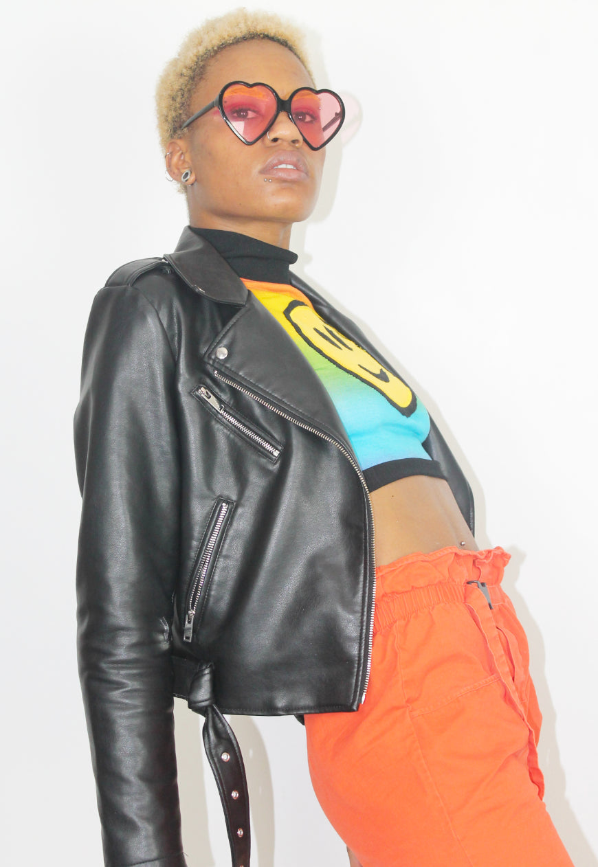 Smiley Happy People - Long sleeved rainbow crop top with smiley face applique