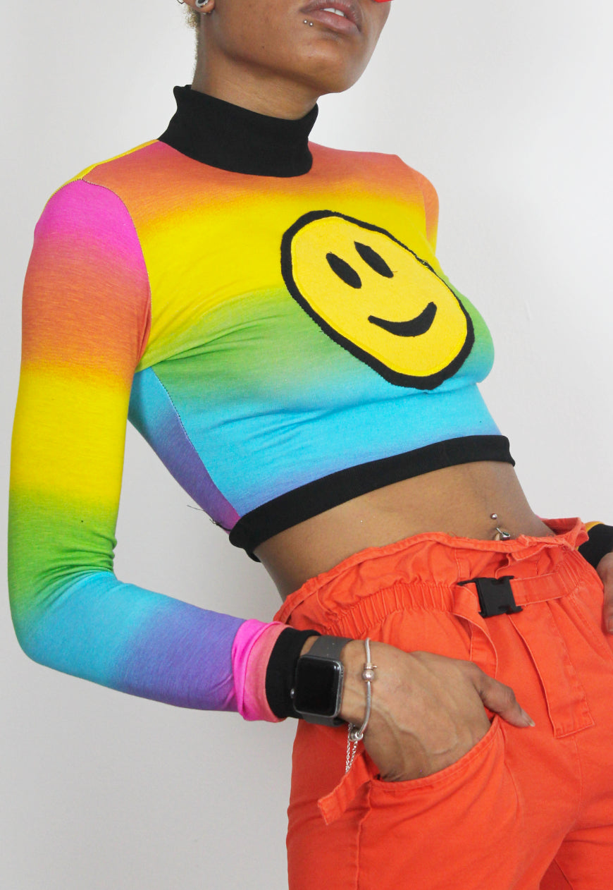 Smiley Happy People - Long sleeved rainbow crop top with smiley face applique