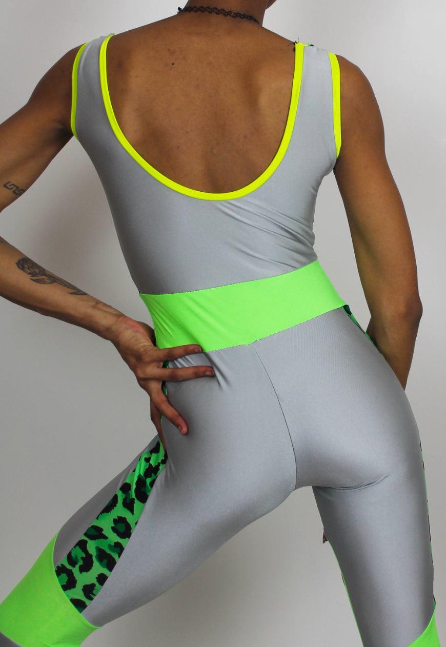 Smokeshow - Silver jumpsuit with neon green and leopard panels