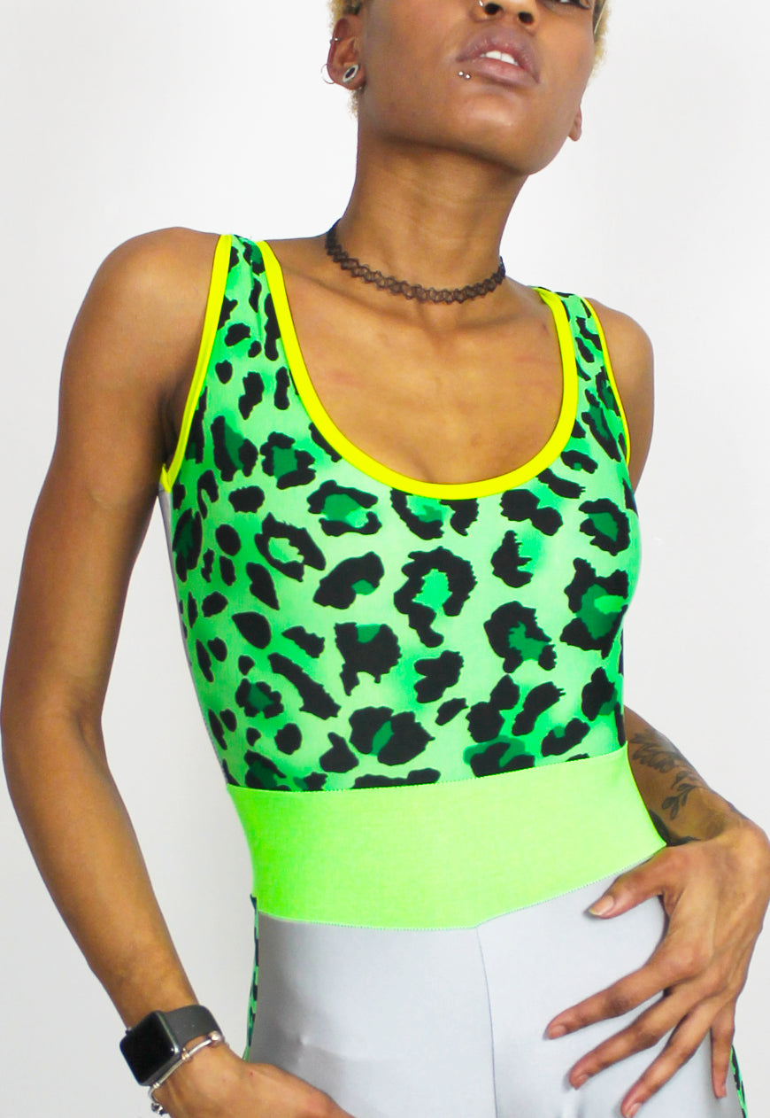 Smokeshow - Silver jumpsuit with neon green and leopard panels