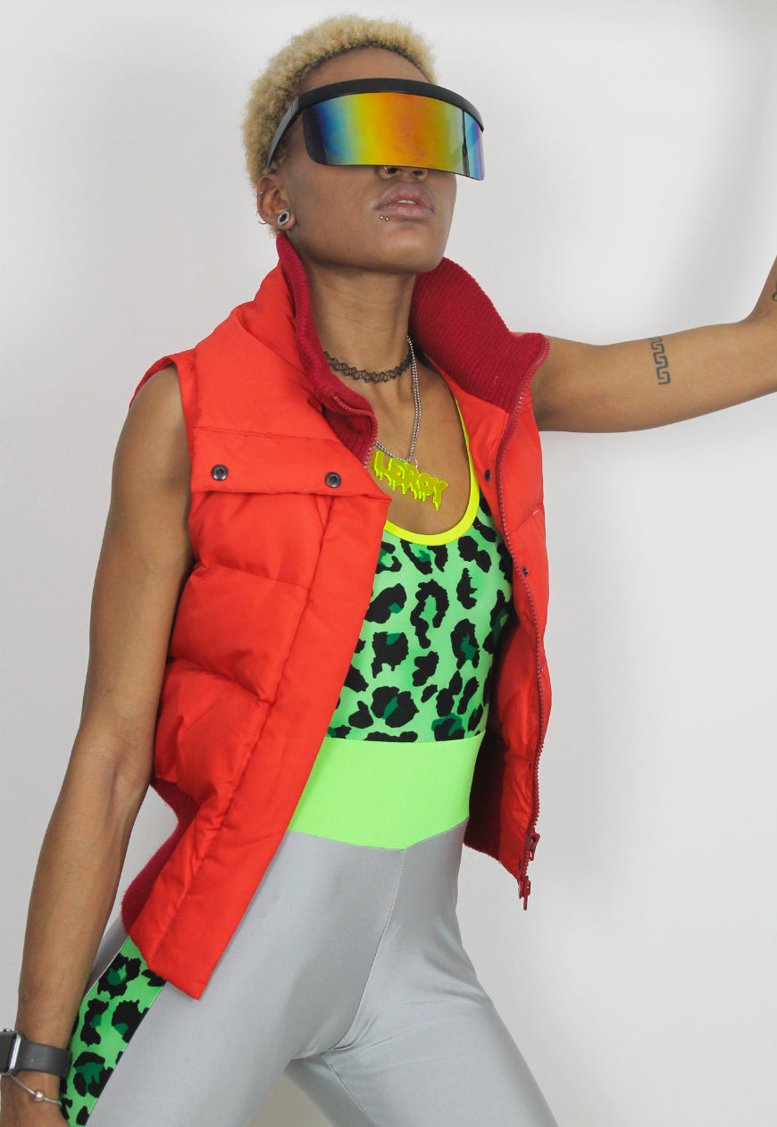 Smokeshow - Silver jumpsuit with neon green and leopard panels