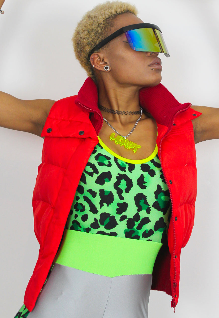 Smokeshow - Silver jumpsuit with neon green and leopard panels