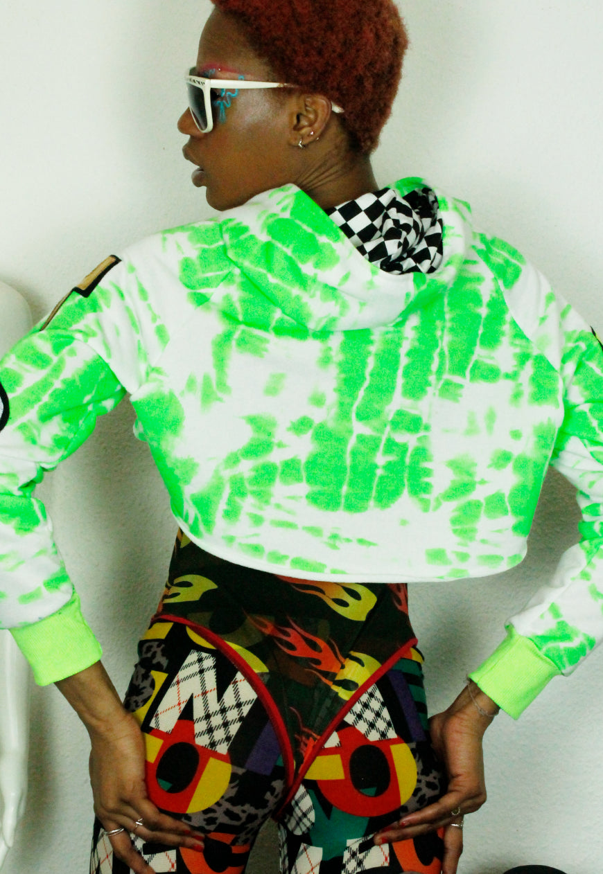 SOUNDCLASH Neon Tye Dye extreme cropped hoodie with lips and smile face