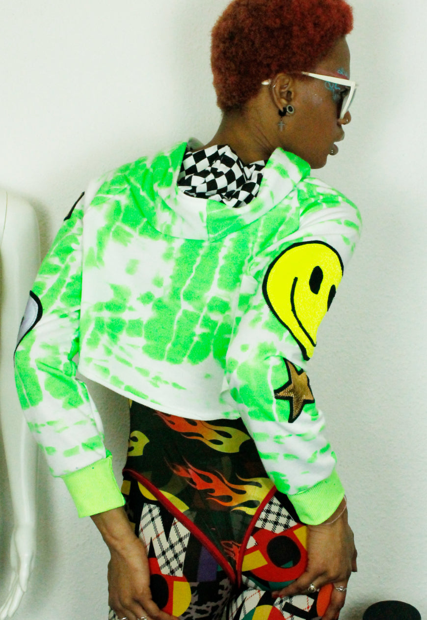 SOUNDCLASH Neon Tye Dye extreme cropped hoodie with lips and smile face