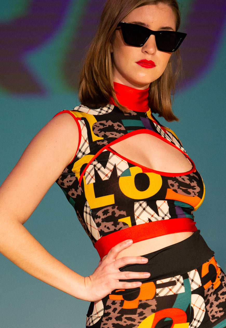 Spice - Multi Colour Graphic letter logo print peekaboo crop top