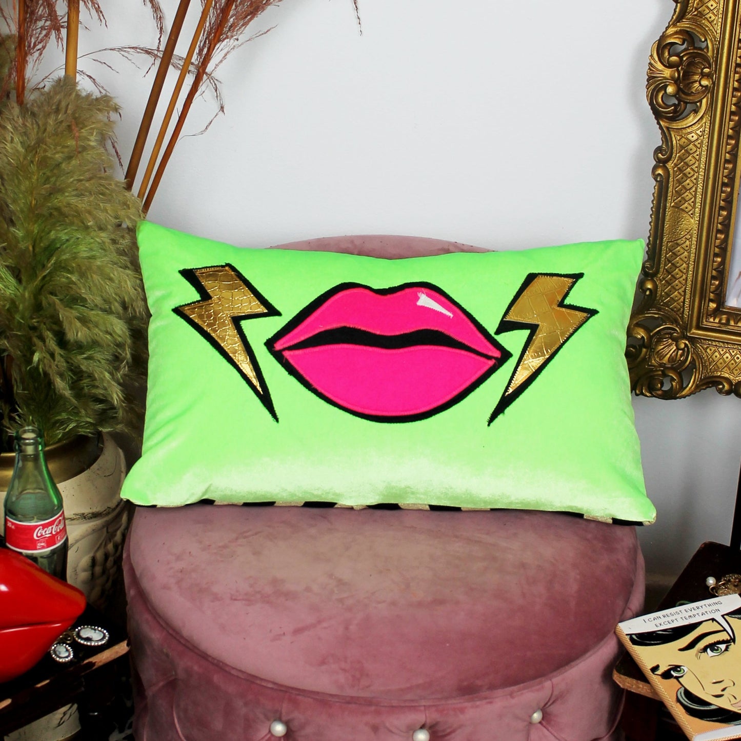 Shockwave - handmade neon green decorative throw cushion with lips and lightning bolt design