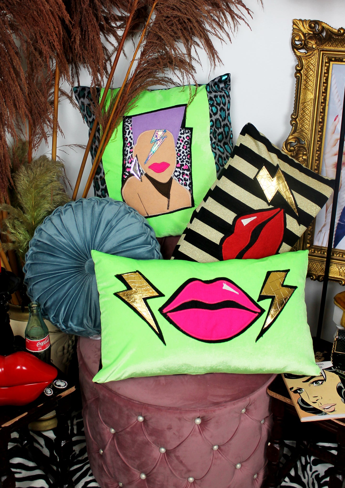 Shockwave - handmade neon green decorative throw cushion with lips and lightning bolt design