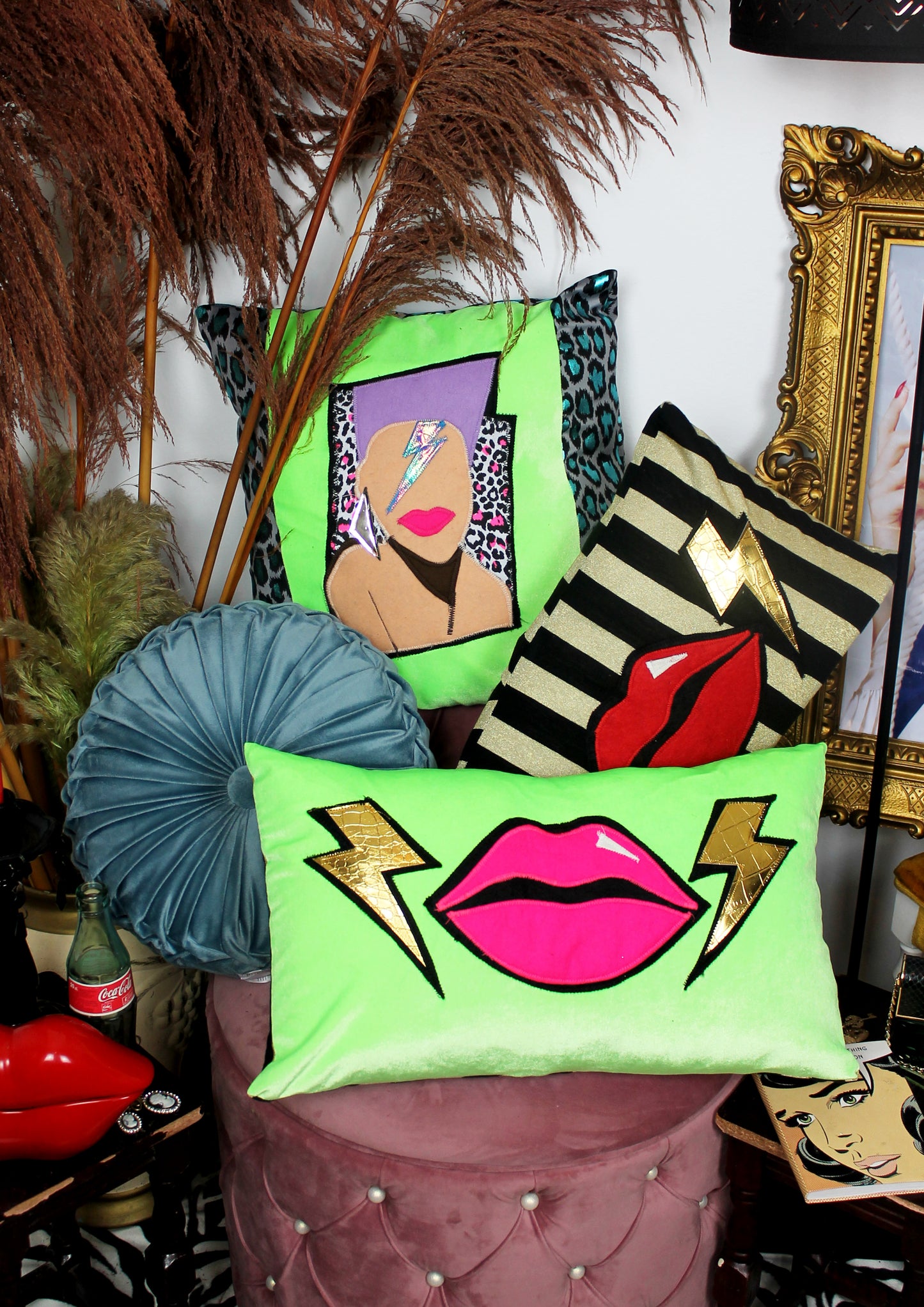 Stardust - handmade throw cushion in neon green and blue leopard print with 80’s face appliqué.
