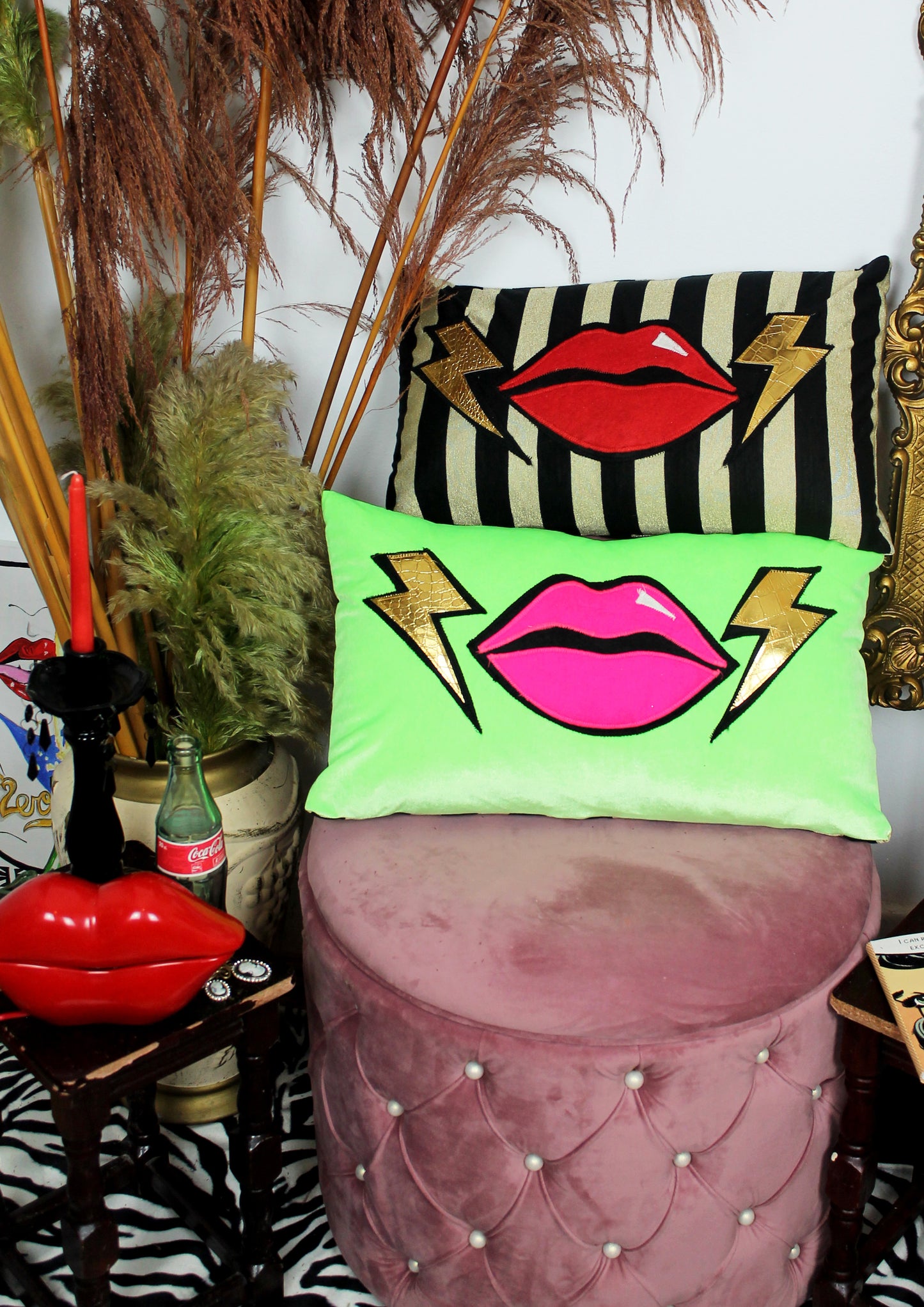 Electric Kisses - Black and gold decorative bolster cushion with red lips