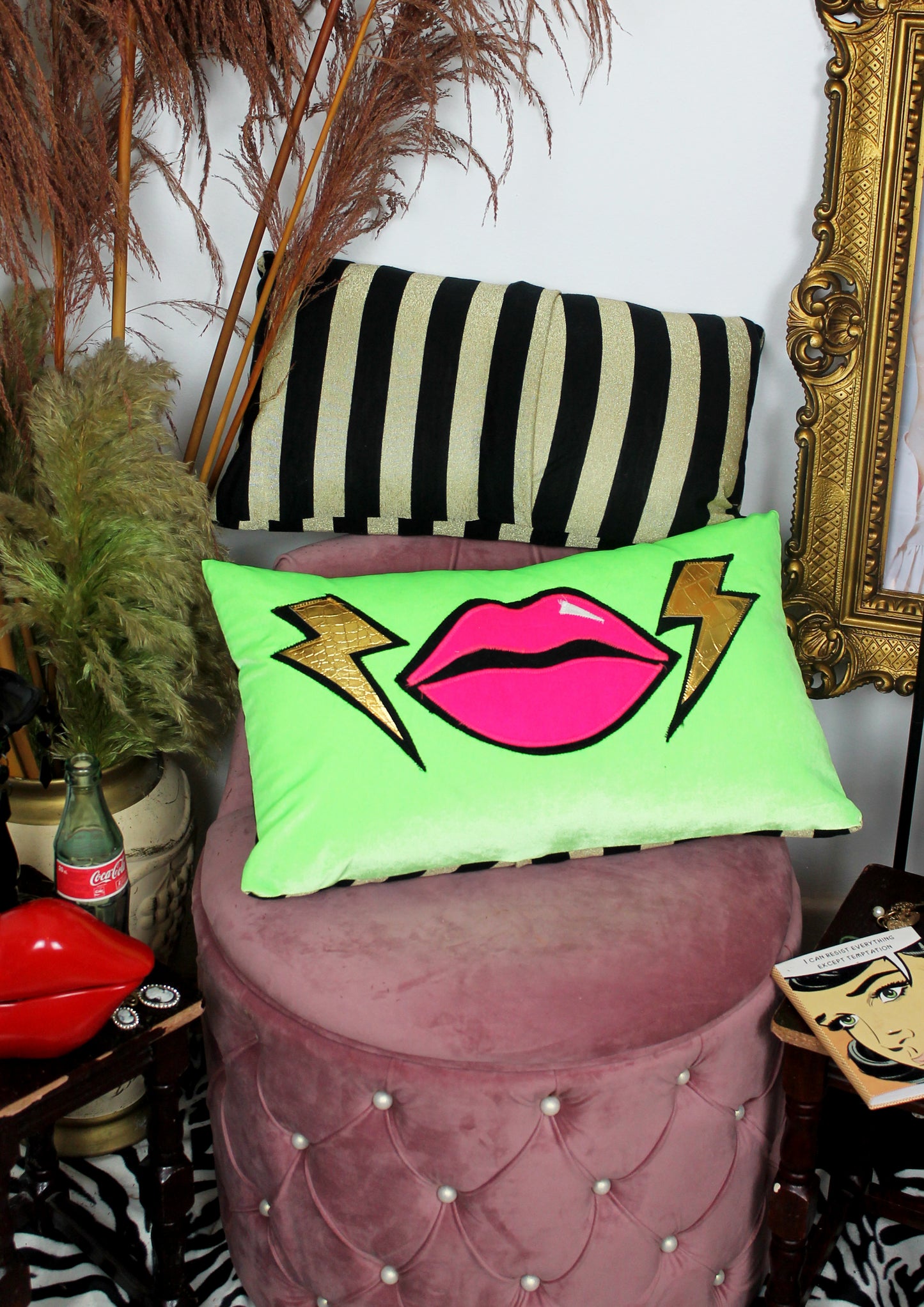 Shockwave - handmade neon green decorative throw cushion with lips and lightning bolt design