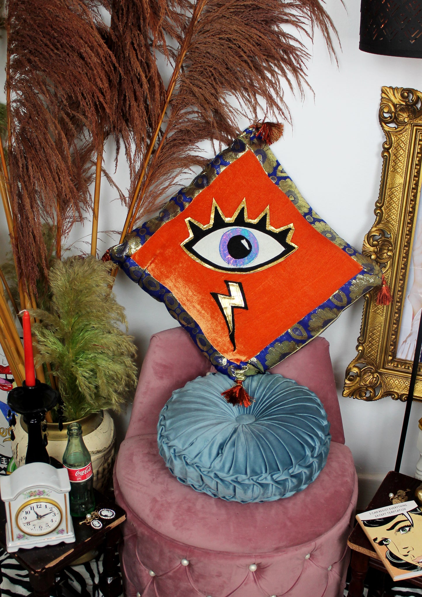 Spirit Guide - Handmade throw cushion with eye appliqué in orange velvet with gold and blue baroque fabric