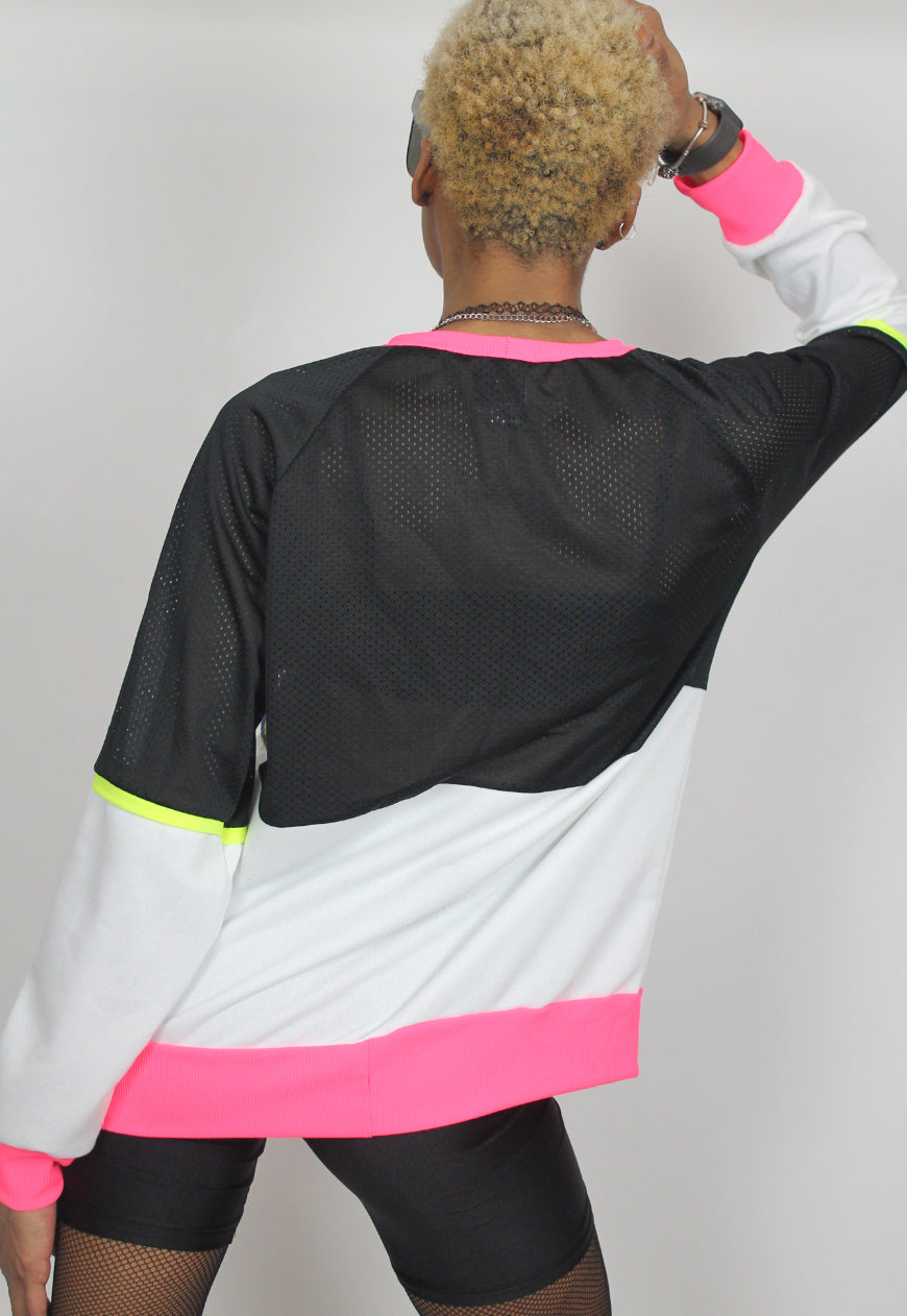 Teenage Kicks - Oversized black and white sweatshirt with 80's print panel and neon trim