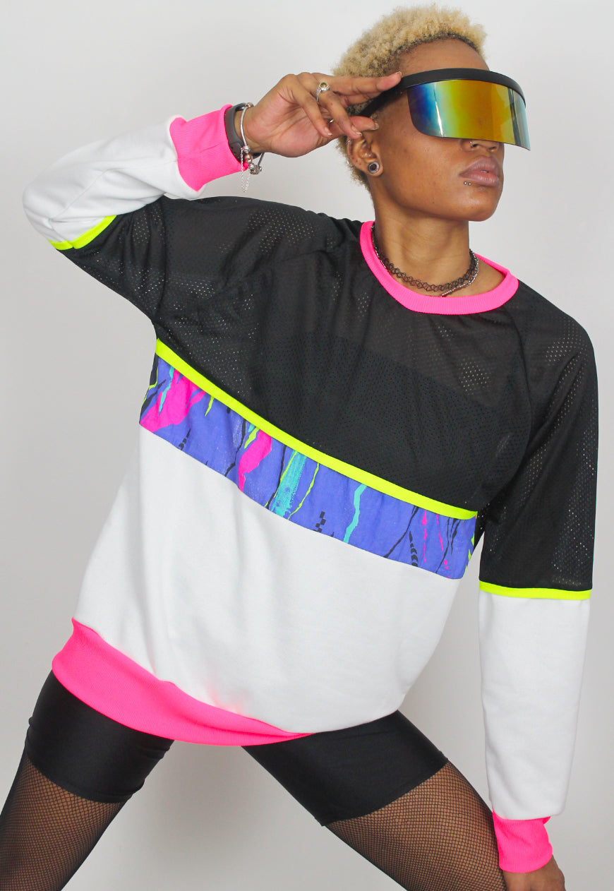 Teenage Kicks - Oversized black and white sweatshirt with 80's print panel and neon trim