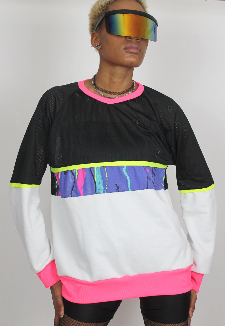 Teenage Kicks - Oversized black and white sweatshirt with 80's print panel and neon trim