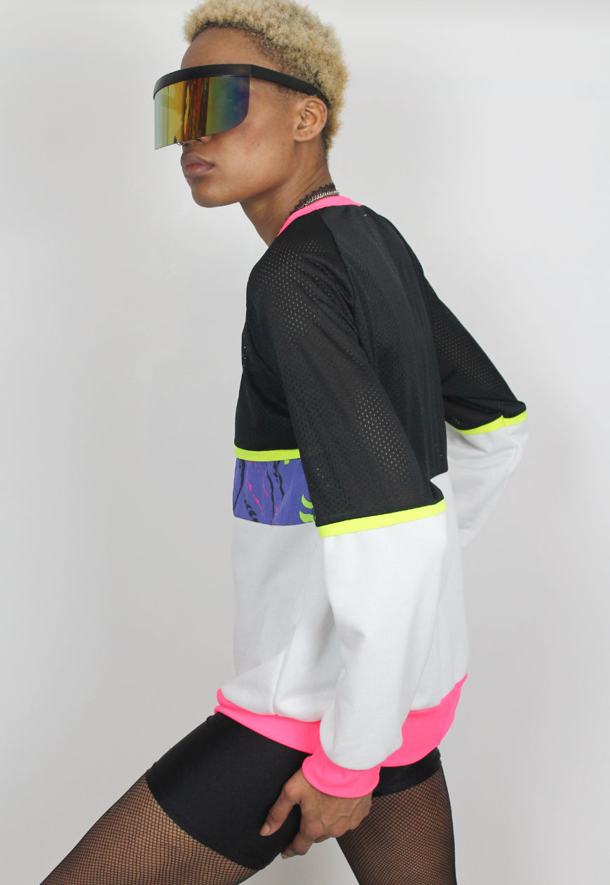 Teenage Kicks - Oversized black and white sweatshirt with 80's print panel and neon trim