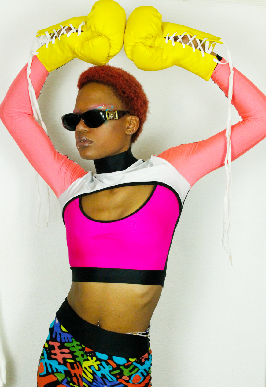 TRAILBLAZER NEON Pink neon peekaboo top with checkerboard sleeve detail