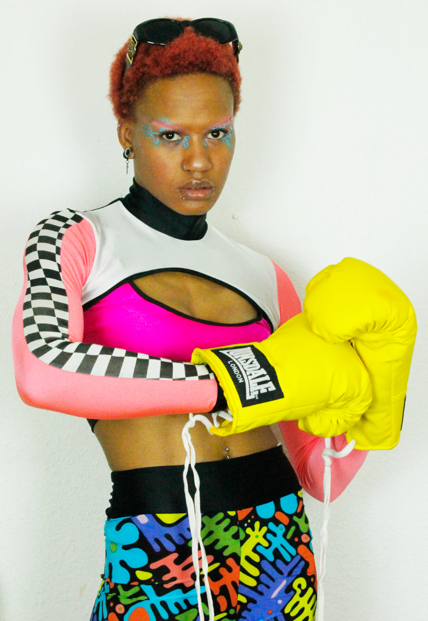 TRAILBLAZER NEON Pink neon peekaboo top with checkerboard sleeve detail