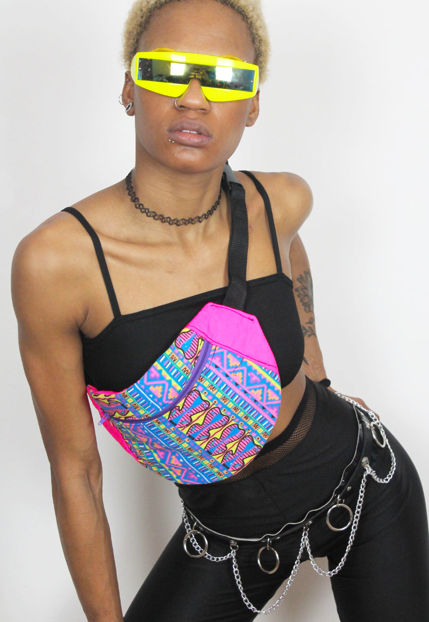 Tribal - Oversized neon pink bumbag with 80s print