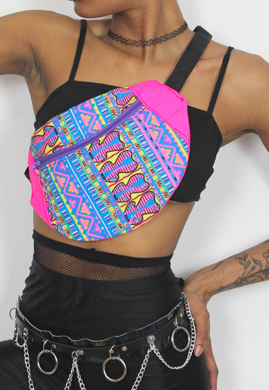 Tribal - Oversized neon pink bumbag with 80s print