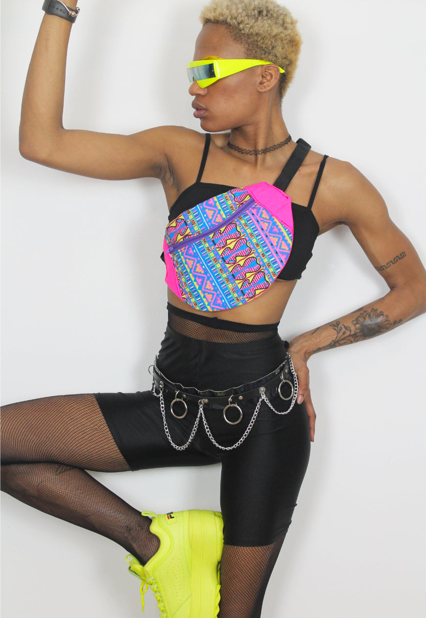 Tribal - Oversized neon pink bumbag with 80s print