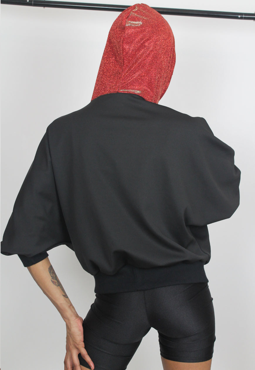 Inferno - Black batwing hooded top with glitter hood and flame applique