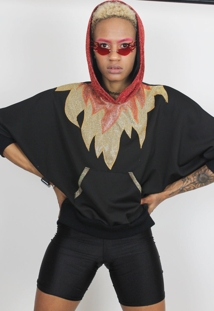 Inferno - Black batwing hooded top with glitter hood and flame applique