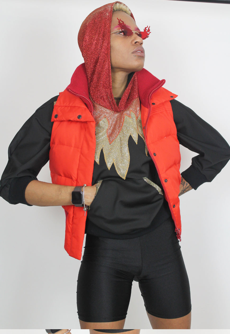 Inferno - Black batwing hooded top with glitter hood and flame applique