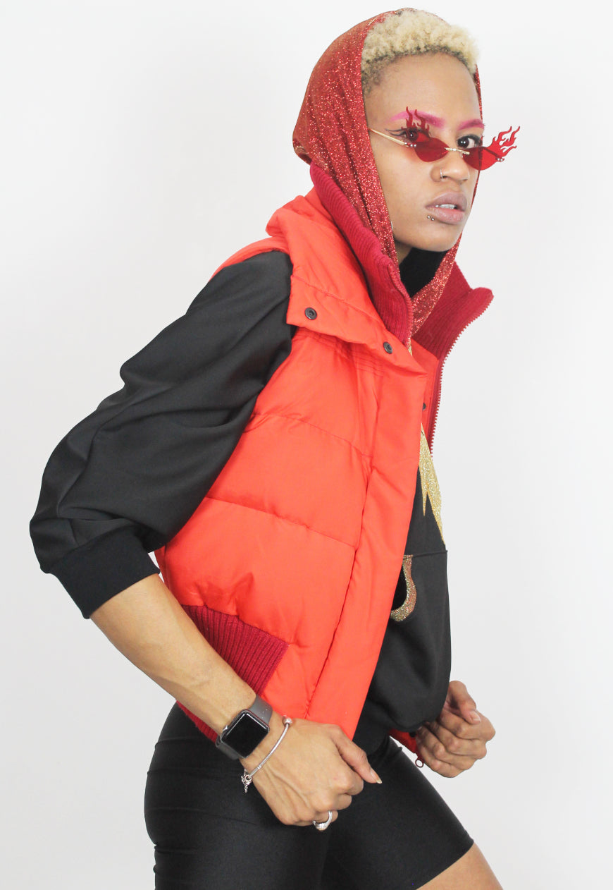 Inferno - Black batwing hooded top with glitter hood and flame applique