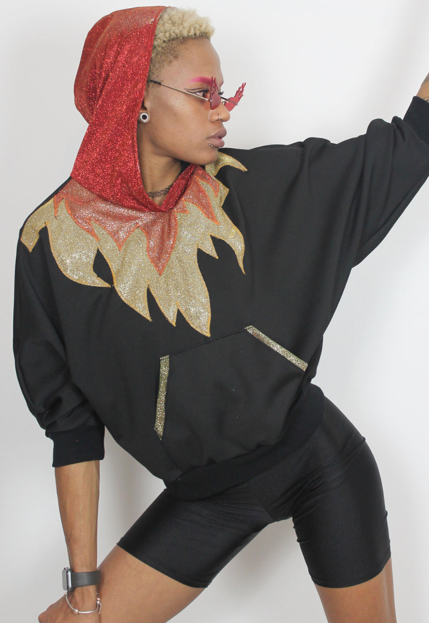 Inferno - Black batwing hooded top with glitter hood and flame applique