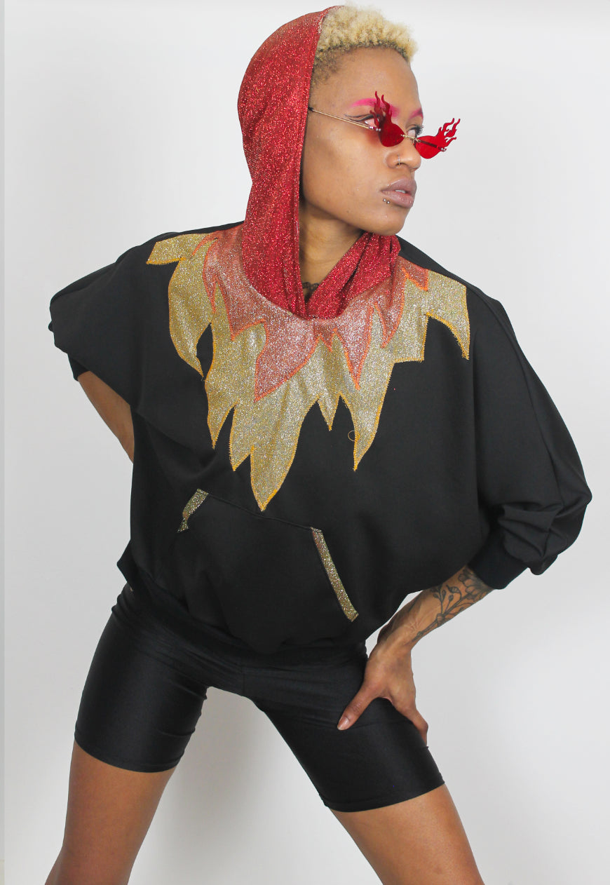 Inferno - Black batwing hooded top with glitter hood and flame applique