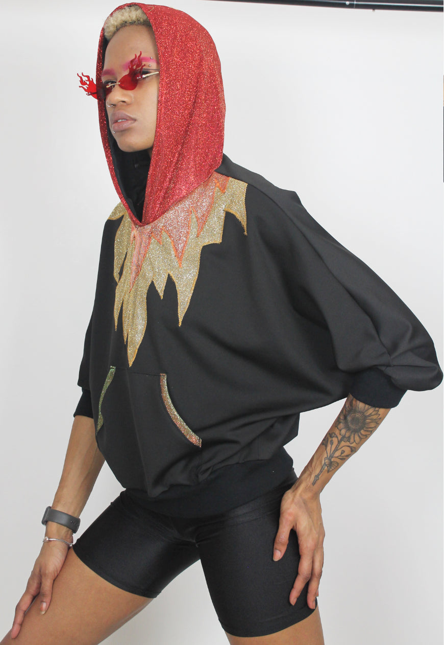 Inferno - Black batwing hooded top with glitter hood and flame applique