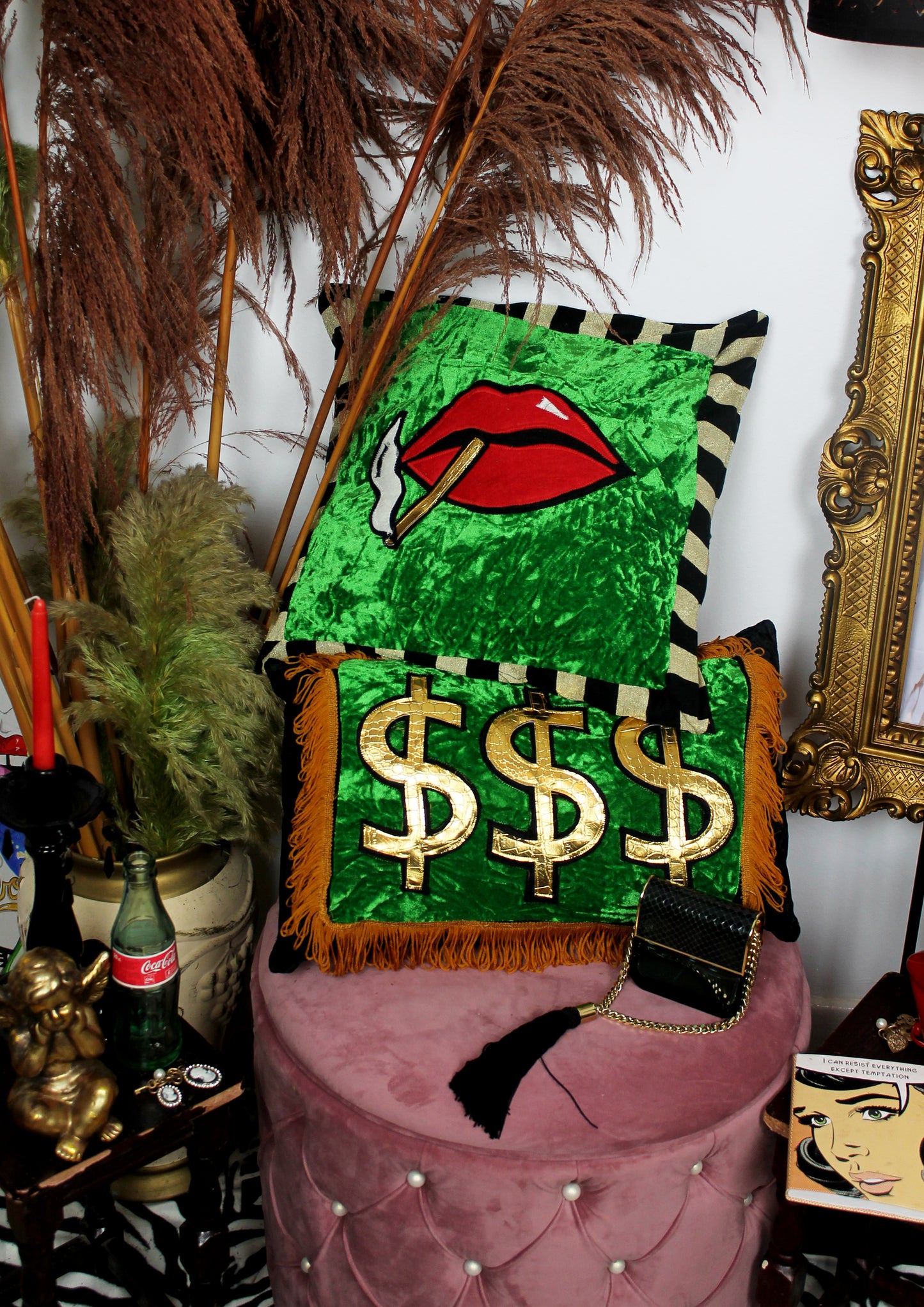 Lavish - decorative tassel throw cushion in green velvet with gold dollar design.
