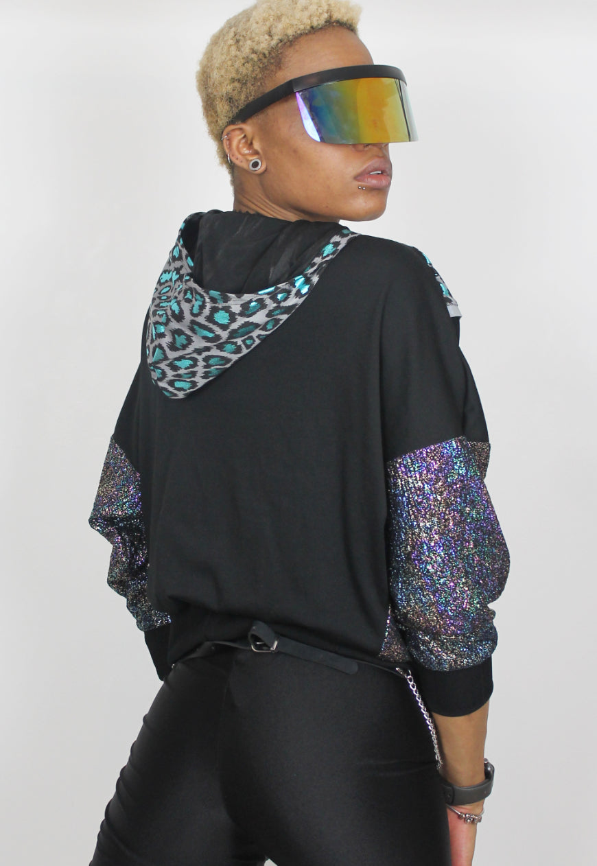 Vortex - Metallic leopard hooded batwing hooded top with reflective strips.
