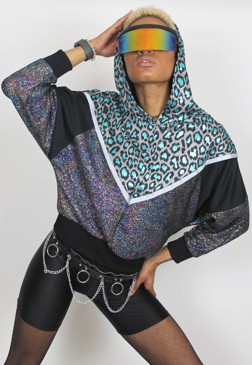 Vortex - Metallic leopard hooded batwing hooded top with reflective strips.